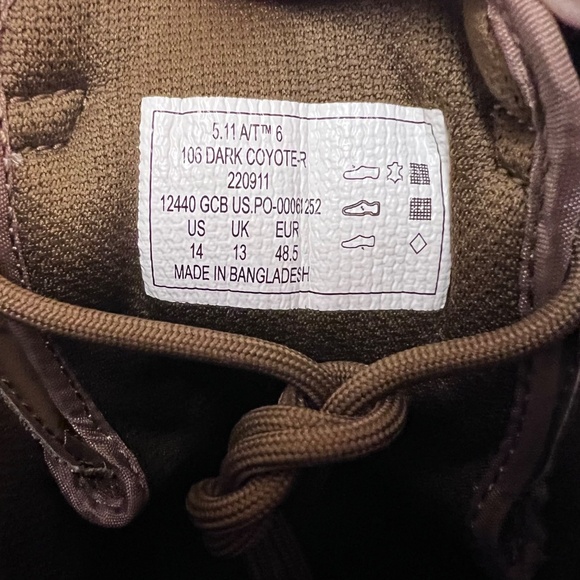 5.11 Tactical A/T 6-Inch Non-Zip Boots, Style 12440 Dark Coyote Size 14.0 R - Picture 7 of 9